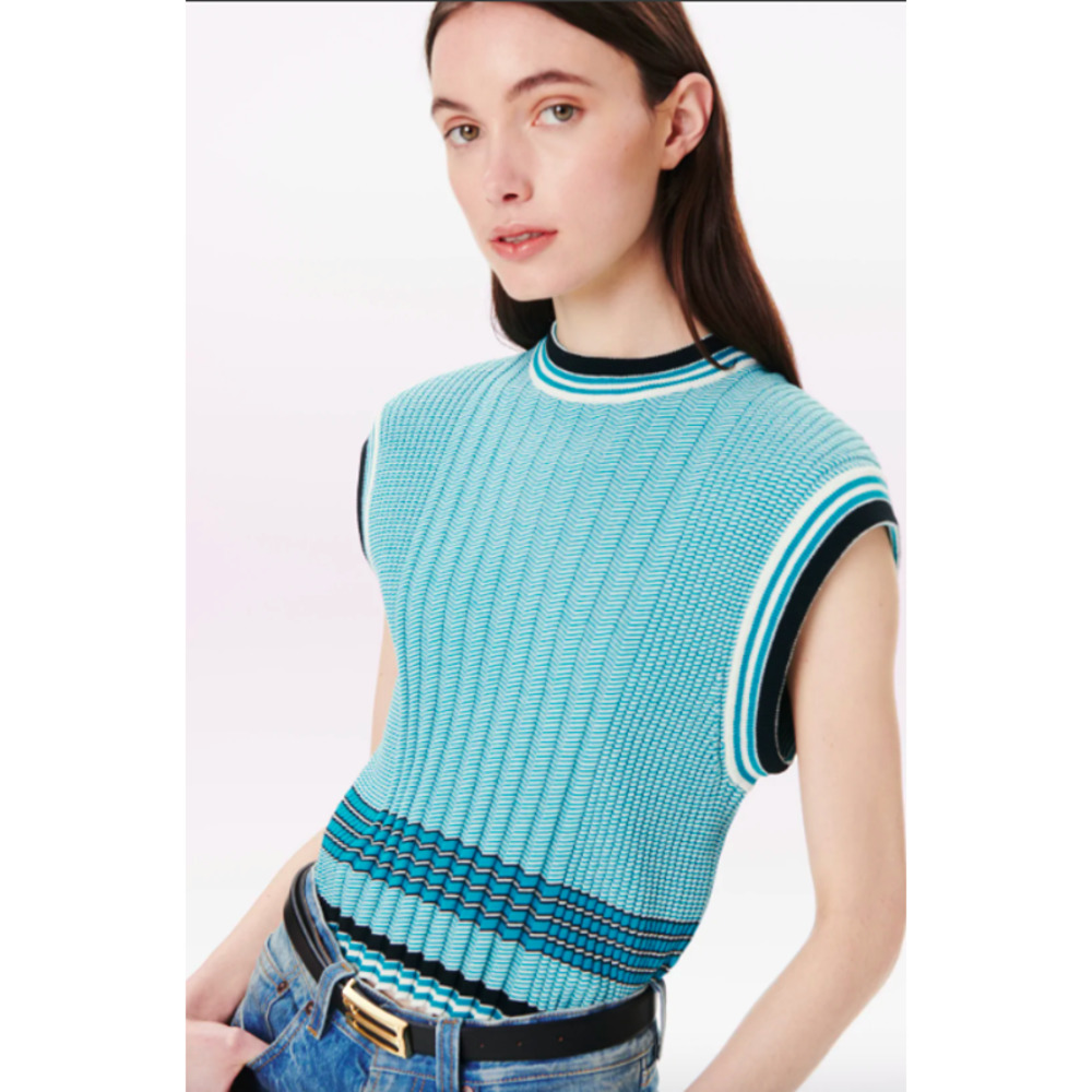 Victoria Beckham Knitted Crew-Neck Tank Top in Teal Stripe